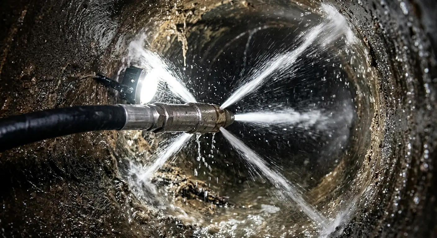 High-pressure hydro jetting nozzle cleaning sewer pipe for Trenchless Sewer Repair in Clarkston