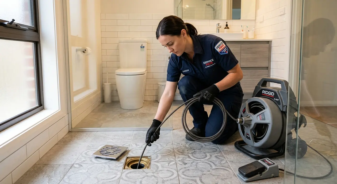 Technician clearing a bathroom floor drain for Drain Cleaning in Clarkston